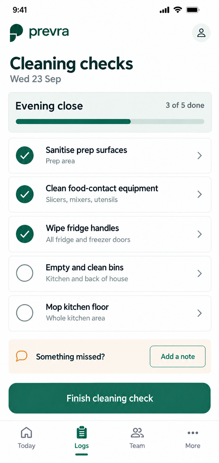 Prevra cleaning checklist showing completed and outstanding tasks