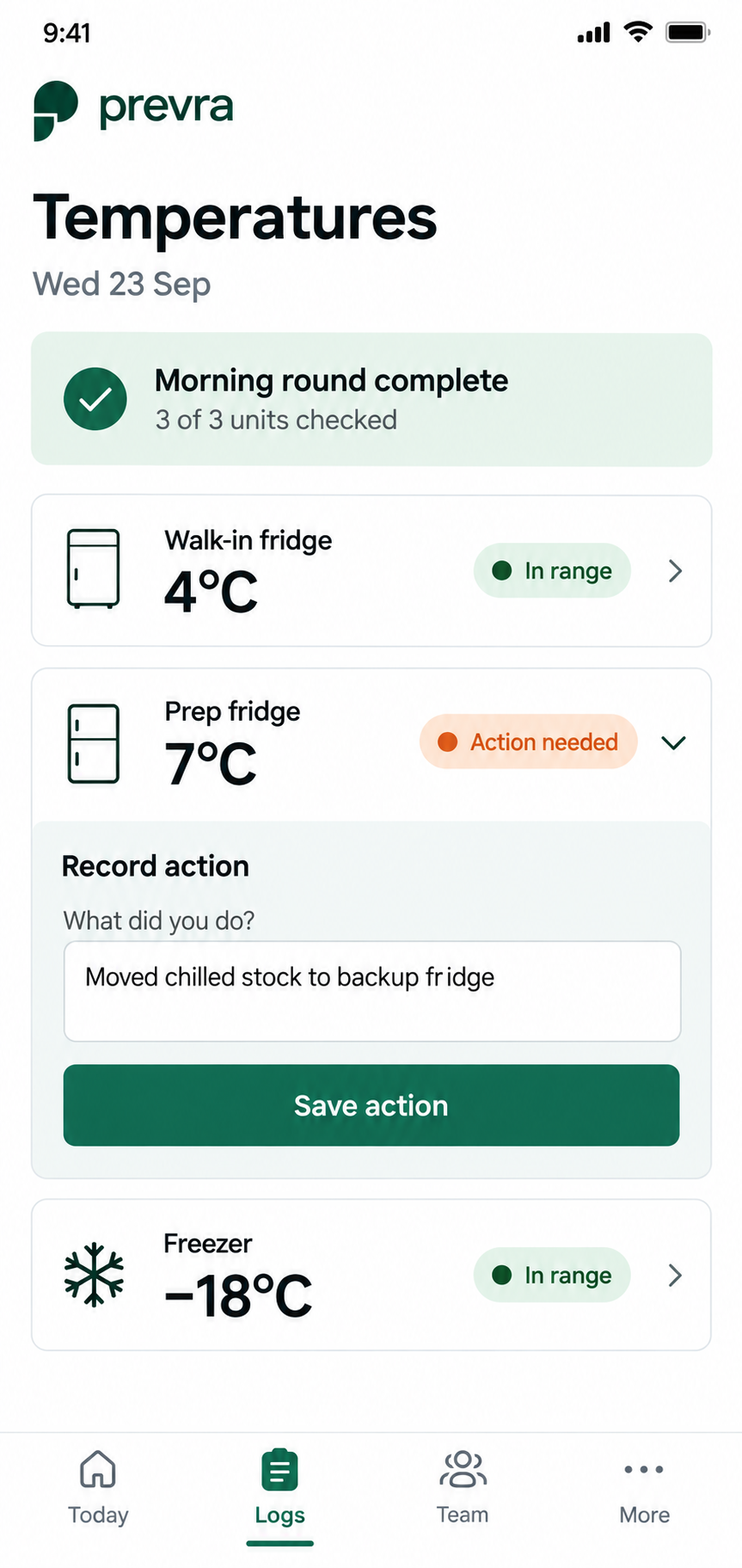 Prevra temperature log showing storage readings and an action note