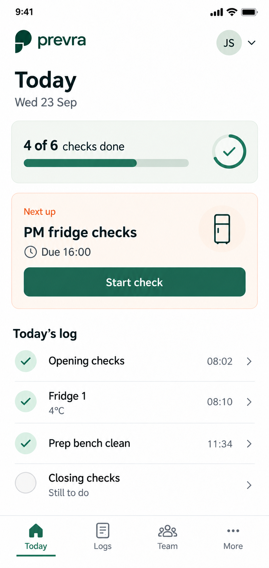Prevra Today screen showing progress, the next check and recent activity