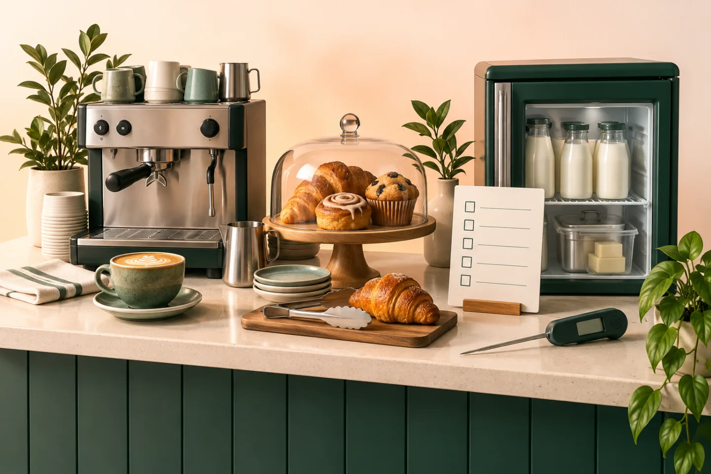 Café counter with chilled display, pastries, probe thermometer and checklist