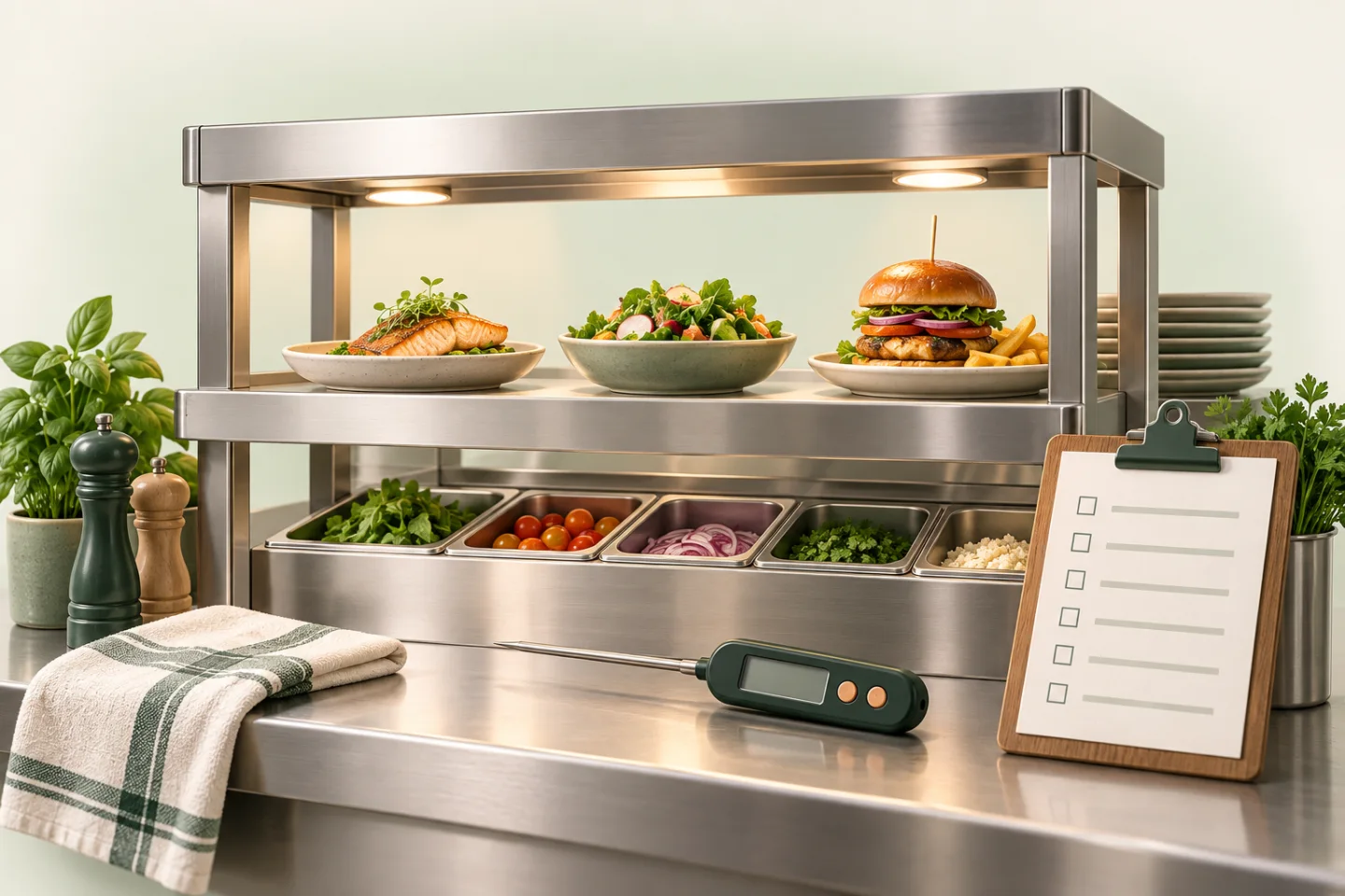 Restaurant service pass with a probe thermometer and food-safety checklist