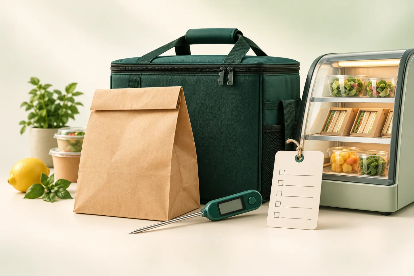 Takeaway bag, insulated delivery box, probe thermometer and chilled display